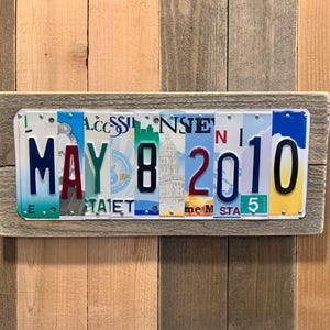 Unique 15-Year Anniversary License Plate Date Sign – Personalized metal and wood custom plaque featuring upcycled U.S. license plates spelling your wedding date and meaningful states – handcrafted keepsake gift