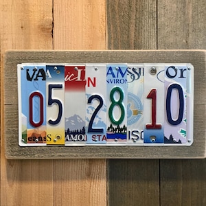 14th Anniversary Date Sign – Personalized Gift from Upcycled License Plates on Rustic Wood – Unique Wedding Date Anniversary Gift
