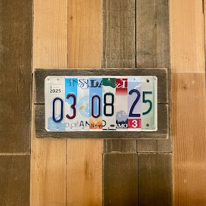 1st Year Anniversary License Plate Date Sign – Personalized Custom Date Plaque – Upcycled U.S. Plates on Rustic Wood – Unique Handmade Gift