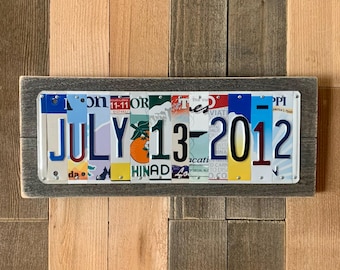 14th Anniversary Date Sign – Personalized Gift from Upcycled License Plates on Rustic Wood Plaque – Unique Gift for Him or Her