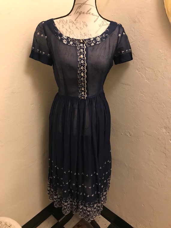1940s sheer navy embroidered dress