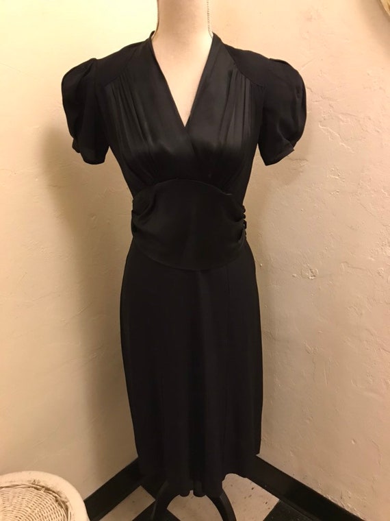 Late 1930s Black Rayon Crepe and Satin Dress and C