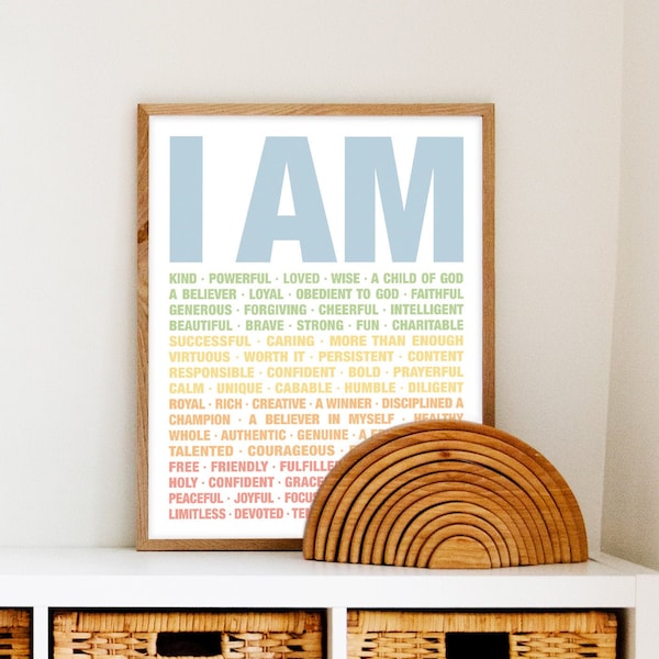 I Am Poster, Positive Affirmations for Kids, Motivational Poster, Positive Playroom Decor, Playroom Printables, Christian Art