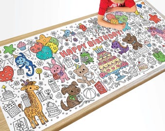 Birthday Coloring Page or Table Cover | For Family, Birthday or School Events or Parties, Preschool Activity | 30&quot; x 72&quot; inches