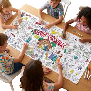 May include: A large rectangular paper colouring poster featuring a central nativity scene, the text Merry Christmas, and various holiday motifs including gifts, stars, and snow globes, with black outlines on a white background for colouring.