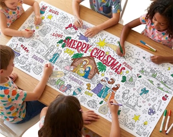 May include: A large rectangular paper coloring poster featuring a central nativity scene, the text Merry Christmas, and various holiday motifs including gifts, stars, and snow globes, with black outlines on a white background for coloring.