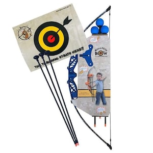 May include: A blue and black toy bow and arrow set with a target and three arrows. The target is a beige rectangle with a bullseye design and the text "THE TRAINING STARTS HERE!!". The bow has a blue handle and the packaging shows a child using the bow.