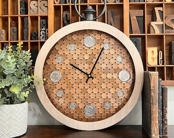 1st anniversary gift, 5th anniversary gift, Large Wall Clock, Coin Collector gift, Rustic Home Decor