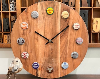 Soda Cap Wood Wall Clock: Retro Bar Decor, Eclectic Art