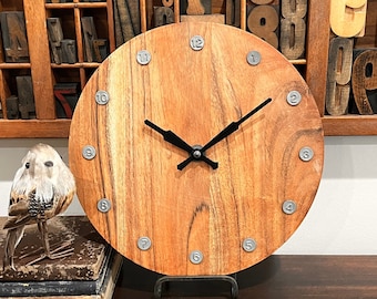Rustic Wood Table Clock, Vintage Brass Accents, Anniversary Gift
