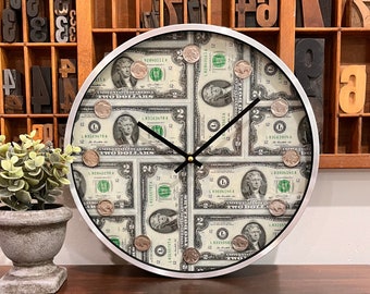 Fathers Day gift, Home Bar decor, 21st Anniversary gift, 2 Dollar bill clock, Buffalo Nickels, Unique gifts for men, Wall Clock