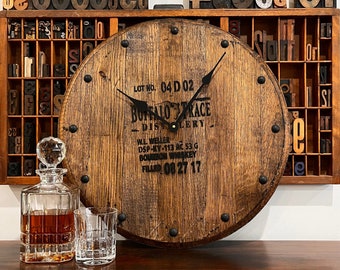 Buffalo Trace Wall Clock, Bourbon gifts for men, Bar Decor, Bourbon Whiskey Barrel Clock, Husband gift, Whiskey Gifts for men