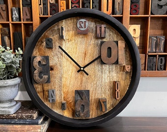 Backwards Wall Clock: Vintage Letterpress Number Blocks, Unique Decor