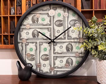Two Dollar Bill Clock: Coin Collector Gift, Buffalo Nickel