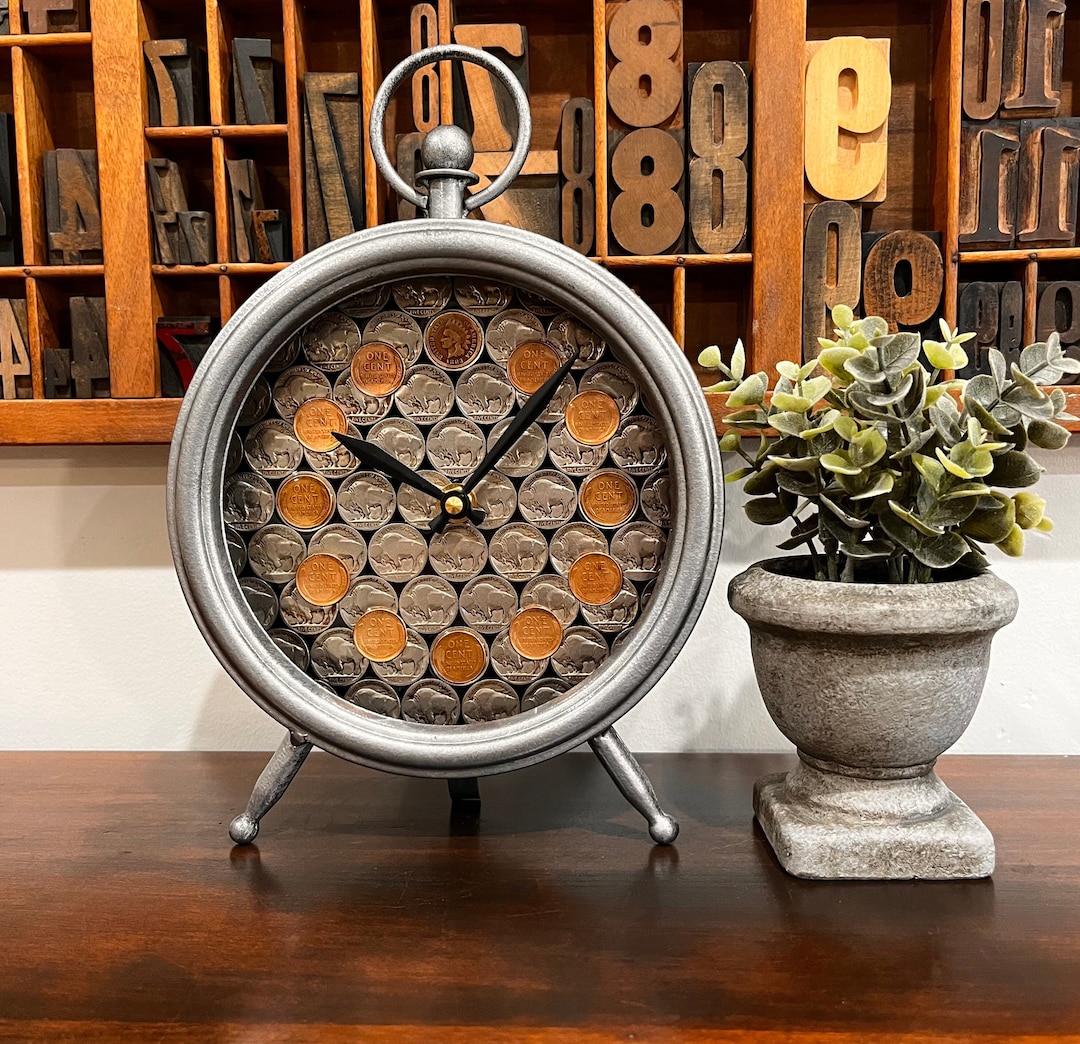 Buffalo Nickel Table Clock, Copper Penny Accent, 7th/21st Anniversary ...