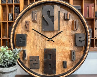 Backwards Wall Clock: Vintage Letterpress Number Blocks, Barber Shop Decor