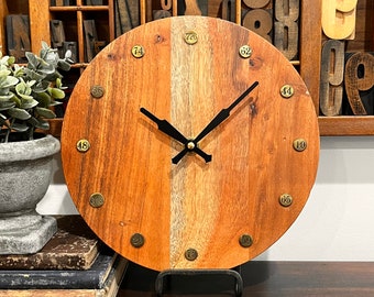 Rustic Wood Wall Clock: Brass Anniversary Vintage Home Decor