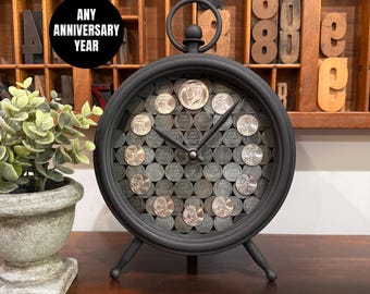 Desk Clock: Custom Anniversary Gift, Kennedy Half Dollar, Wheat Pennies