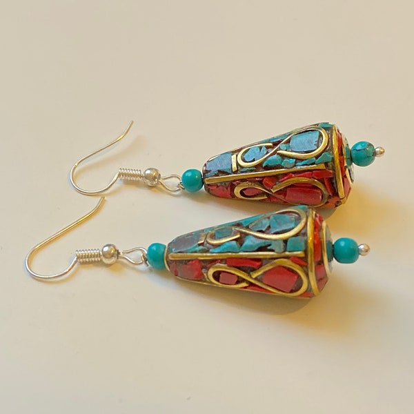 Unique turquiose and coral earring, boho jewelry, bohemian earring, gyspy earring