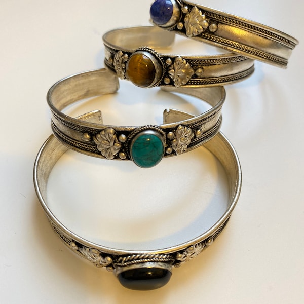 Adjustable inlay stone bracelet, turquoise, lapis lazuli, tiger eye, handcrafted ethnic, tribal bracelet, tiger eye, turquoise, lapis lazuli