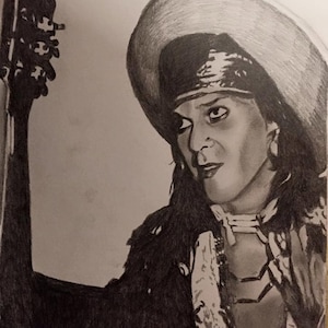 May include: A black and white pencil drawing of a person wearing a wide-brimmed hat and a long-sleeved shirt. The person is holding a guitar.