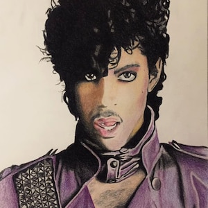 May include: A black and white pencil drawing of Prince, a musician, wearing a purple jacket with a black studded strap. He has a serious expression on his face and is looking directly at the viewer.
