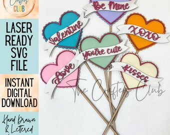 Valentine's SVG - Valentine's Heart Picks - Valentine's Crafts - digital download for laser cutting, cricut, silhouette - LASER SVG File