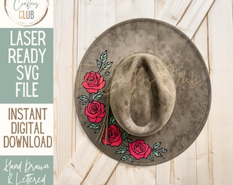 Roses Hat Engraving SVG | Wide Brim Hat Laser Engraving File | Glowforge OmTech Thunder Aeon | Digital Download Laser SVG