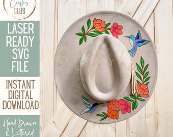 Hummingbirds Hat Engraving SVG | Wide Brim Hat Laser Engraving File | Glowforge OmTech Thunder Aeon | Digital Download Laser SVG