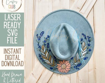 Feathers Hat Engraving SVG | Wide Brim Hat Laser Engraving File | Glowforge OmTech Thunder Aeon | Digital Download Laser SVG