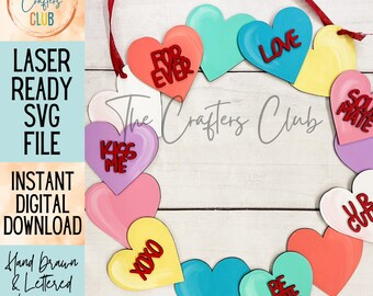 Valentine's SVG - conversation heart wreath - digital download for laser cutting, cricut, silhouette