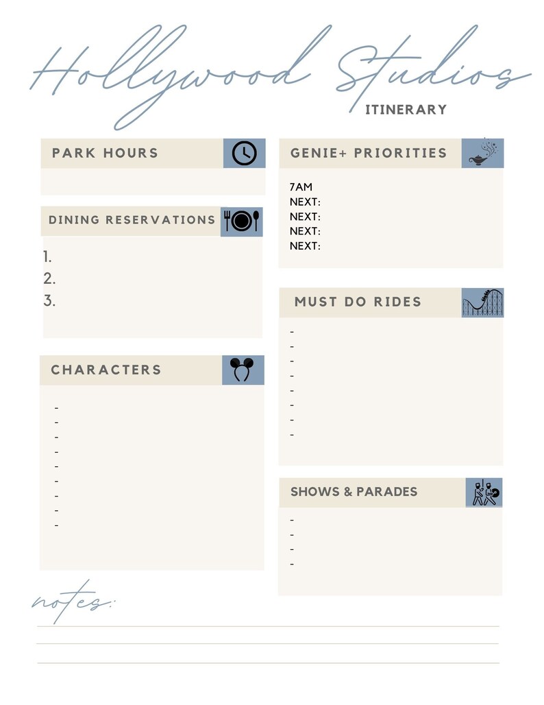 Hollywood Studios Fillable Itinerary Etsy
