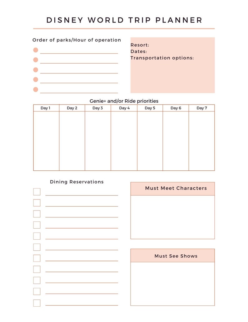 WDW Trip Planner, Digital Download, Simple to Print - Etsy