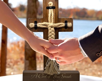 Wedding Cord of Three Strands Ceremony Cross; Natural Wood & Rope Unity Ceremony Candle Alternative