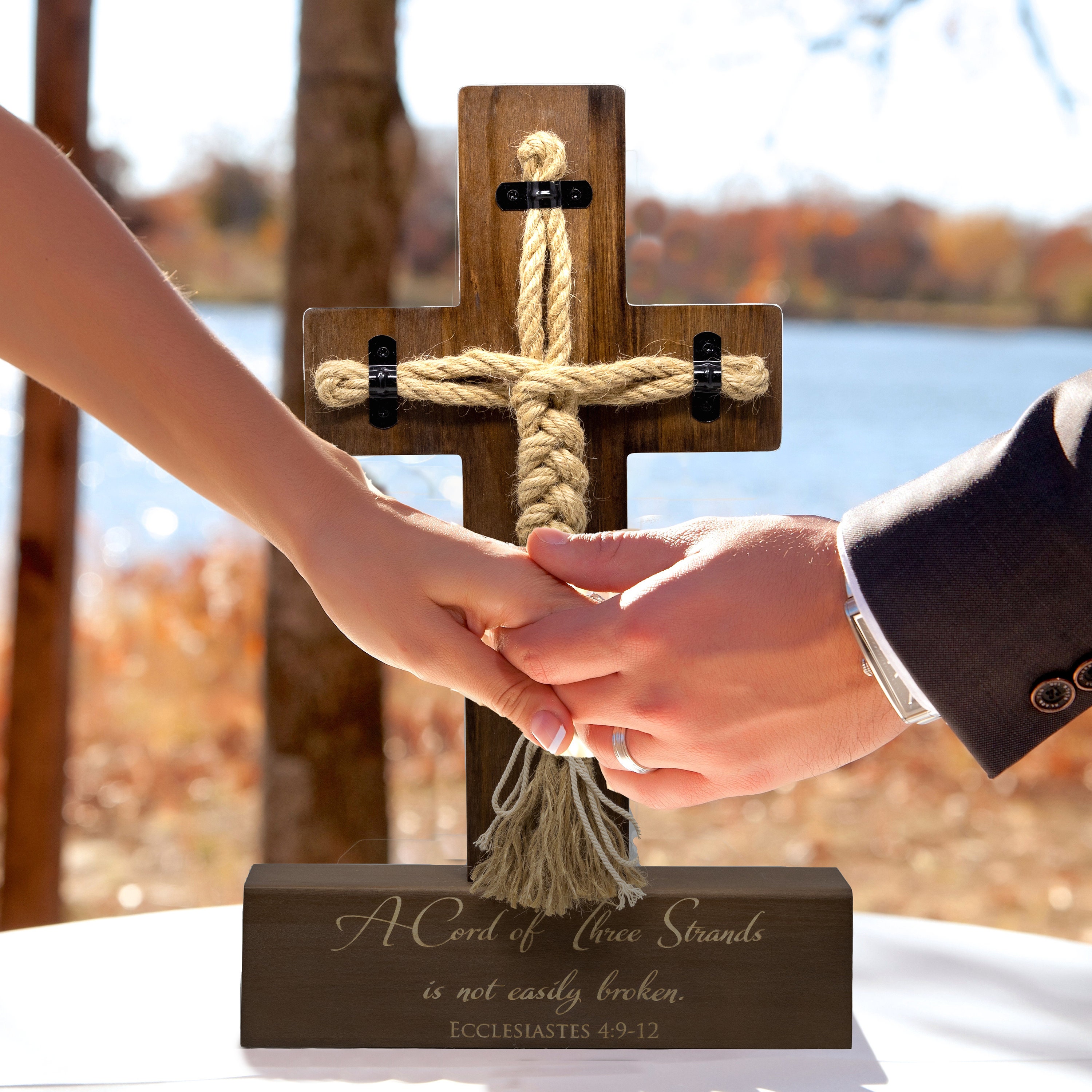 Wedding Cord of Three Strands Ceremony Cross; Natural Wood & Rope Unity Ceremony Candle Alternative