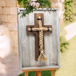 Wedding Cord of Three Strands Ceremony Wall Cross; Reclaimed Barnwood & Rope Unity Ceremony Candle Alternative