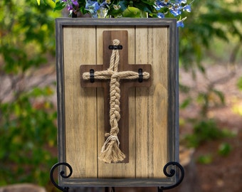 Wedding Cord of Three Strands Ceremony Wall Cross; Natural Wood & Rope Unity Ceremony Candle Alternative