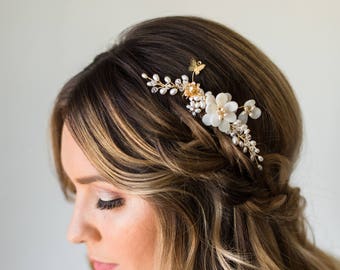 Flower Hair Comb Pearl Hair Comb Gold Bridal Hair Comb Gold Flower Hair Comb Mother of Pearl Comb Beaded Hair Comb Butterfly Headpiece #156