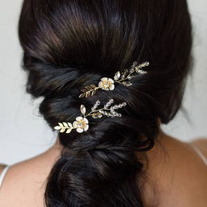 Bridal Hair Pins Flower Pins Leaf Pins Crystal Pins Beaded Pins Bridal Pins Wedding Pins Blossom Pins Garden Pins Gold Leaf Hair Pins #183