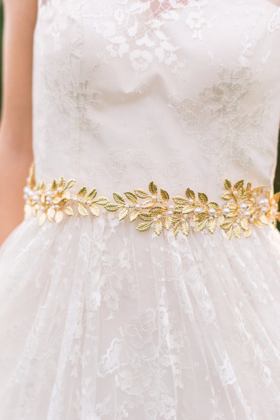 Gold Pearl and Crystal Floral Leaf Ivory Wedding Dress Belt