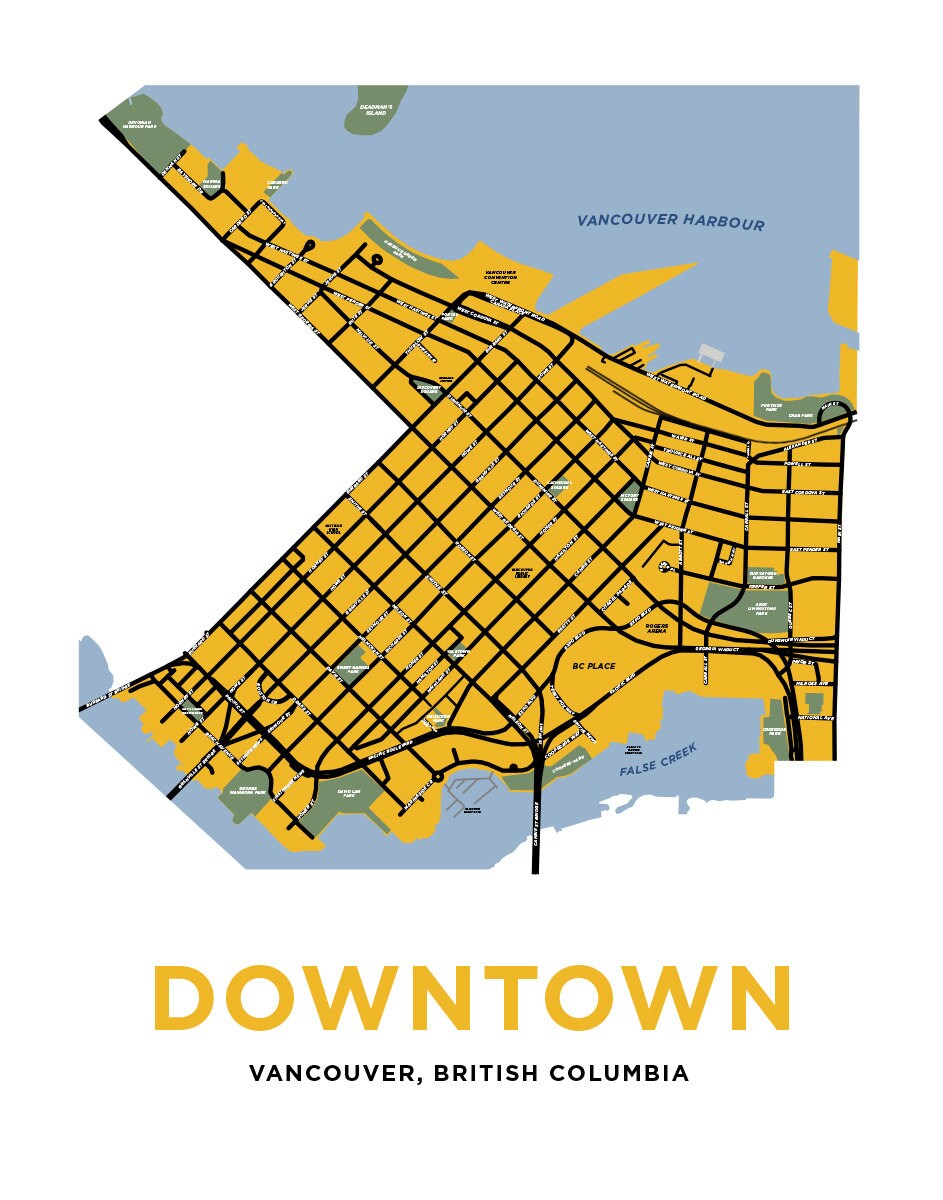 Vancouver Neighbourhood Map Print Downtown Vancouver Etsy
