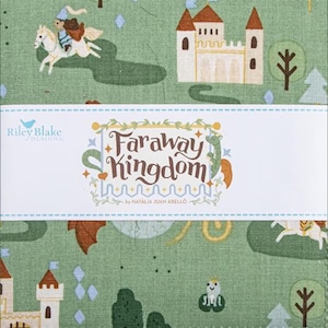 May include: Green fabric with a repeating pattern of castles, trees, and knights on horseback. The fabric features the text "Faraway Kingdom" in a decorative font, with the designer's name below.
