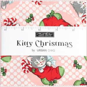 Charm Pack Kitty Weihnachten für Moda By Urban Chiks - 42-5-Zoll-Baumwollquadrate Retro Holiday in Rot Grün und Pink