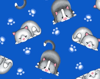 Kitty Cat Cotton Flannel Fabric – Gray Cats on Blue, By The Yard