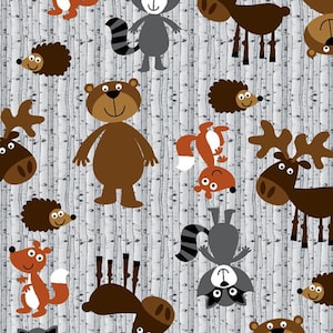Comfy Cotton Flannel A. E. Nathan - Woodland Animals - CMFY 0863-909 - by the yard - Brown and Gray