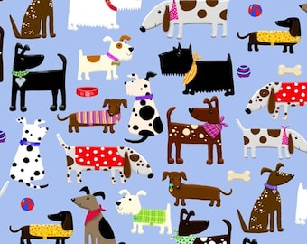 Puppy Dog Fabric: Comfy Cotton Flannel, Blue A. E. Nathan - Fetch - By The Yard
