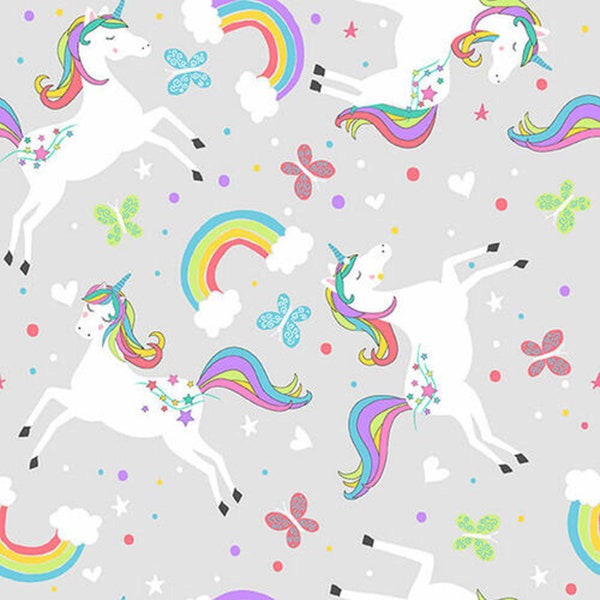 Comfy Cotton Flannel A. E. Nathan - Unicorn on Gray  - by the yard 13610-Gray - Unicorns and Rainbows