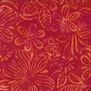 May include: A vibrant fabric featuring a repeating floral pattern in shades of red and orange. The design includes stylized flowers, leaves, and other botanical elements, creating a lively and colorful textile.