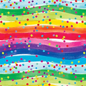 May include: A colorful, abstract watercolor design featuring horizontal rainbow stripes in shades of red, orange, yellow, green, blue, and purple. Scattered throughout are small, multicolored confetti dots, creating a festive and playful pattern.