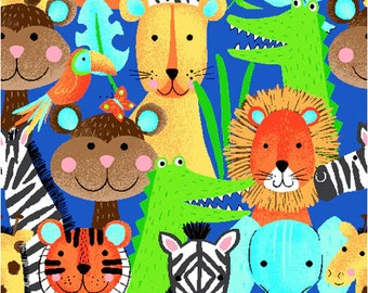 Comfy Cotton Flannel A. E. Nathan- Animal Kingdom - Safari Animals - by the yard 0907-77 on Blue